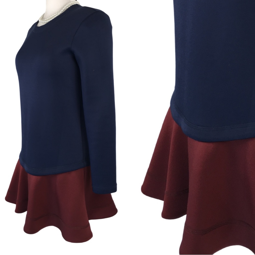 BCBGMaxazria Genesa Flounce Hem Navy Burgundy Color block Mini Dress size Small - Picture 6 of 15